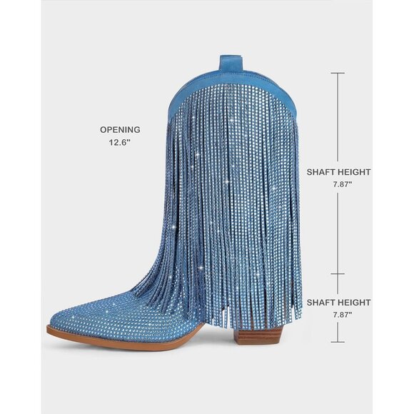 Women's Blue Cowgirl Rhinestone Boots With Sparkly Fringe Pointed Toe Wide Calf - Picture 6 of 9